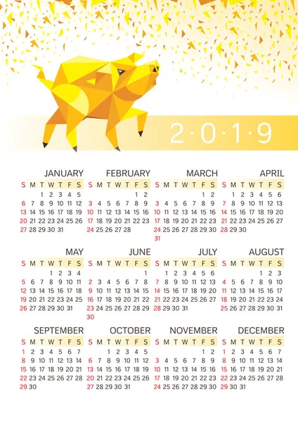 Jahreskalender 2019 Mit Stilisiertem Schwein Vektorillustration — Stockvektor