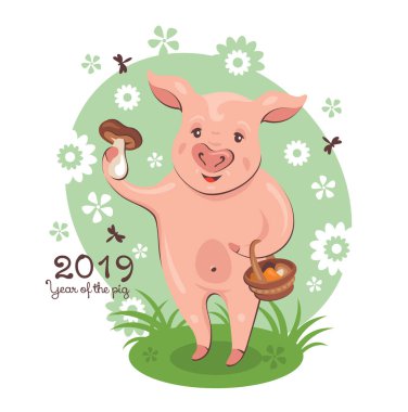 İçinde bir sepet yenilebilir mantar bulunan şirin domuzlu 2019 yılbaşı tebrik kartı. Vektör illüstrasyonu.