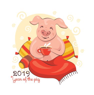 2019 yılbaşı kartı ve sabah kahvesinin tadını çıkaran bir domuz. Vektör illüstrasyonu. 