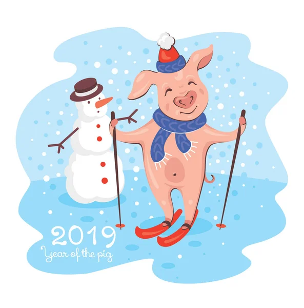 2019年新年贺卡与猪和雪人 可爱的小猪在雪天里带着微笑滑雪 矢量说明 — 图库矢量图片