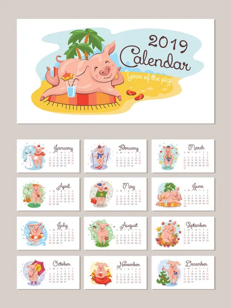 Jahreskalender 2019 Mit Stilisierten Schweinen Vektorillustration — Stockvektor
