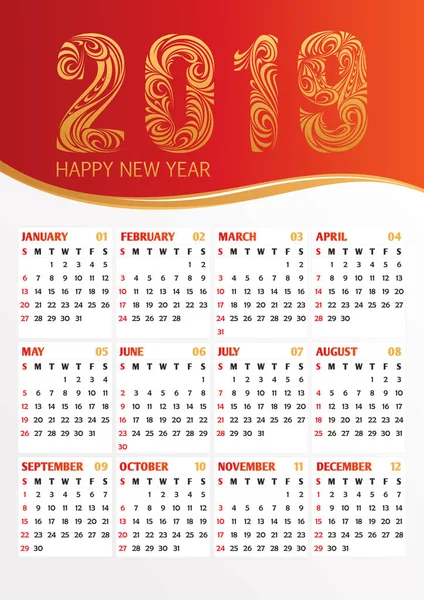 Calendario Ufficio Anno 2019 Con Numeri Stilizzati Calligrafici Illustrazione Vettoriale — Vettoriale Stock