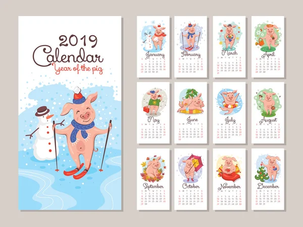 漫画スタイルの豚と2019年のカレンダー ベクターイラスト — ストックベクタ