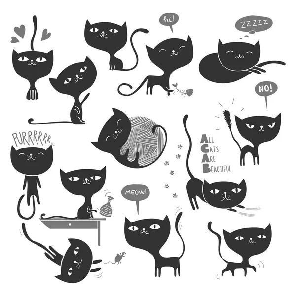 Farklı Pozisyonlarda Sevimli Eğlenceli Cats Topluluğu — Stok Vektör