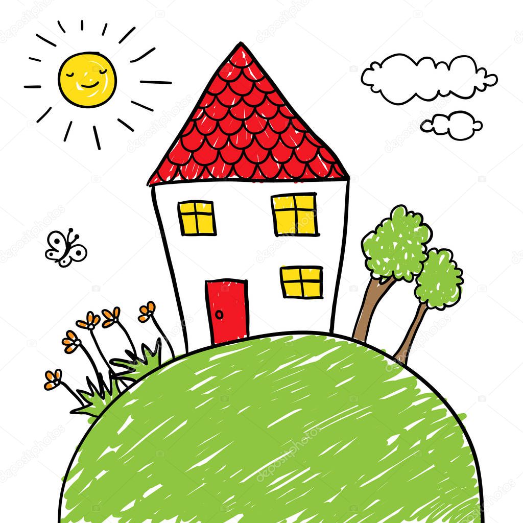 Children's drawing style house with trees and flowers on a hill. Place your for text.
