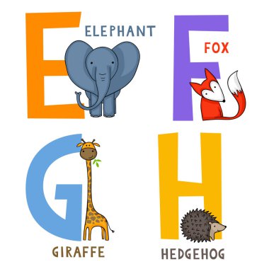 İngilizce hayvan alfabe E, F, G ve H harfleri ile sevimli çizgi fil, fox, zürafa ve kirpi