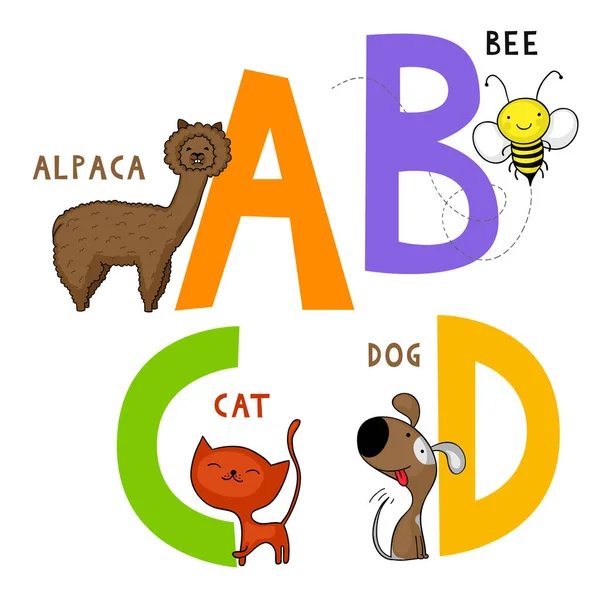 Αγγλικό Αλφάβητο Ζώων Γράμματα Και Χαριτωμένο Κινούμενα Αλπακά Μέλισσα Γάτα — Διανυσματικό Αρχείο