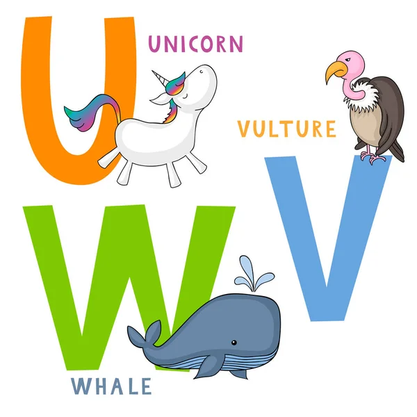 Alfabeto Animal Inglés Letras Con Lindo Unicornio Dibujos Animados Buitre — Vector de stock