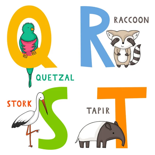 Αγγλικό Αλφάβητο Ζώων Γράμματα Και Χαριτωμένο Κινούμενα Quetzal Ρακούν Πελαργός — Διανυσματικό Αρχείο