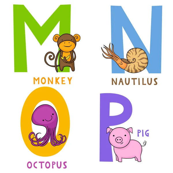 Alphabet Animal Anglais Lettres Avec Singe Dessin Animé Mignon Nautilus — Image vectorielle