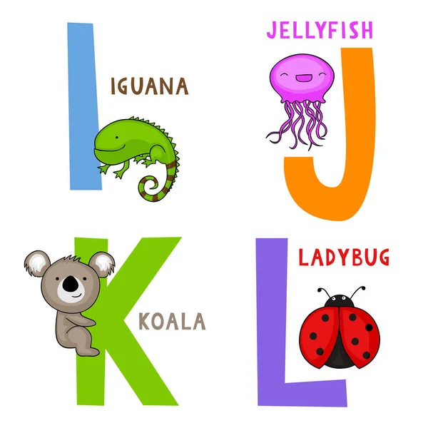 Englisches Tier Alphabet Und Buchstaben Mit Niedlichen Cartoon Leguan Quallen — Stockvektor