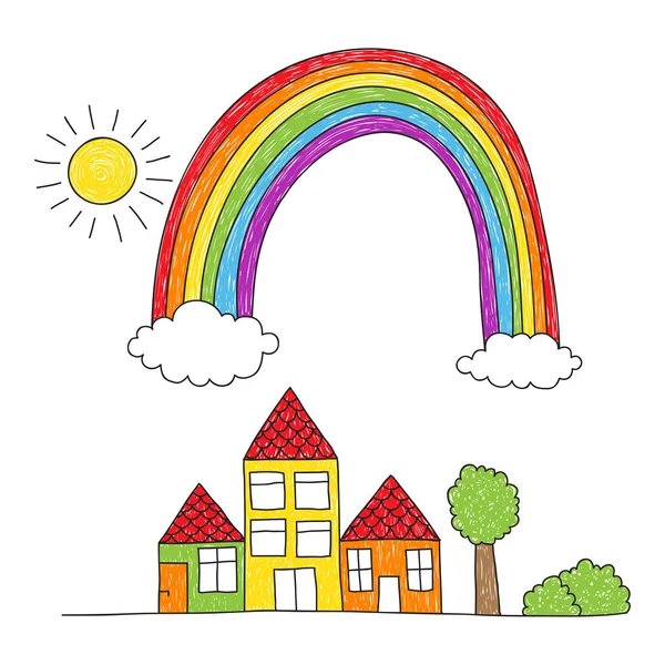 Childish Drawing Small Street Three Houses Rainbow Imprefect Coloring — Stock Vector