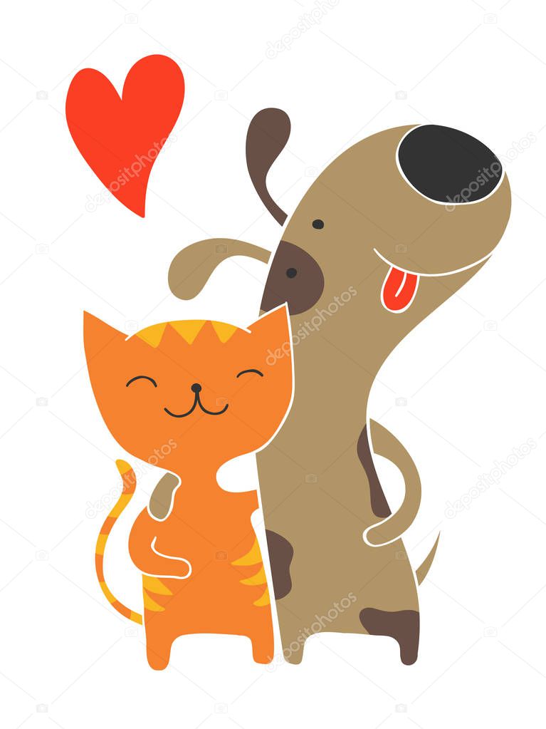Cute cartoon cat and dog holding each other. They are best friends forever.