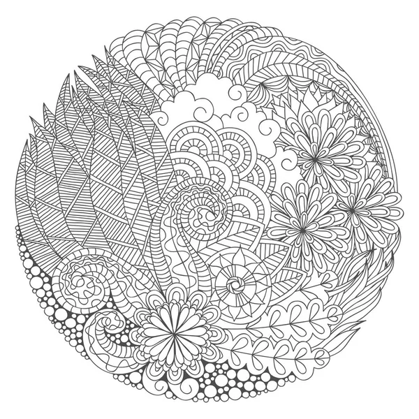 Coloriage Avec Dessin Main Ronde Composition Florale Détaillée Pour Adulte — Image vectorielle
