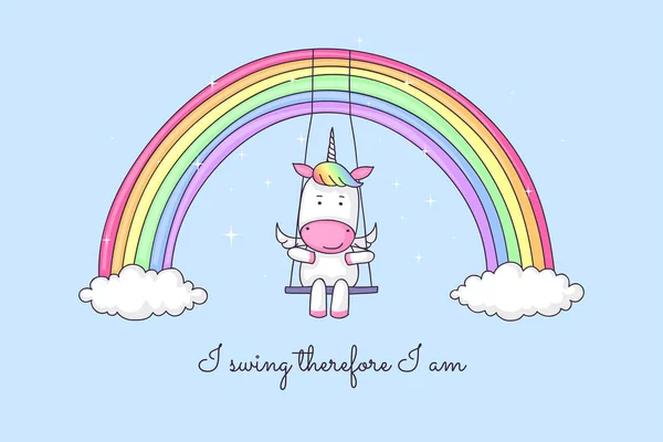 Unicornio de dibujos animados balanceándose sobre un arco iris — Vector de stock