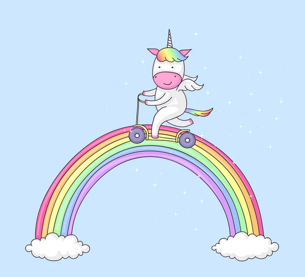 Unicornio en scooter push — Vector de stock