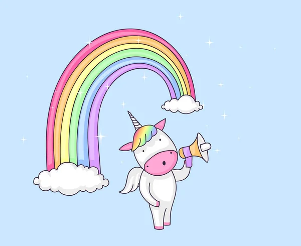 Unicornio de dibujos animados con megáfono — Vector de stock