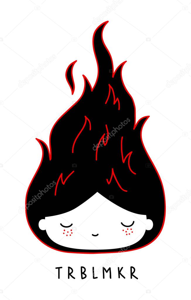 Cute trouble maker girl with her hair in flames.