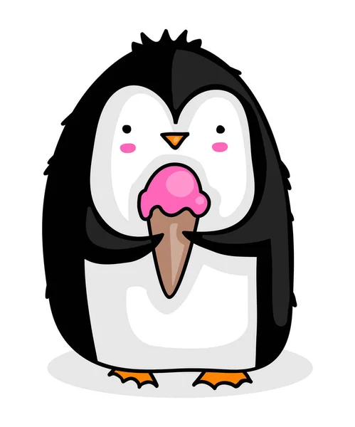 Cute Cartoon Penguin Eating Ice Cream — Stock Vector