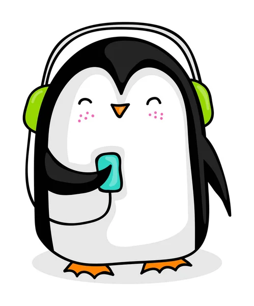 Cute Cartoon Penguin Listening Music Headphones — Stock Vector