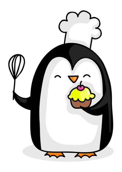 Leuke Cartoon Pinguïn Chef Kok Met Een Cupcake — Stockvector