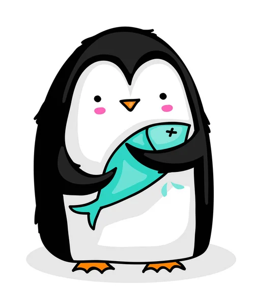 Χαριτωμένο Πιγκουίνος Κινούμενα Σχέδια Κρατώντας Ένα Ψάρι — Διανυσματικό Αρχείο
