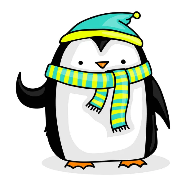 Cute Cartoon Penguin Wearing Hat Striped Scarf — Stock Vector
