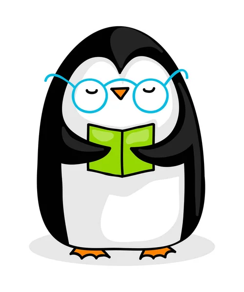 Cute Cartoon Penguin Glasses Reading Book — Stock Vector