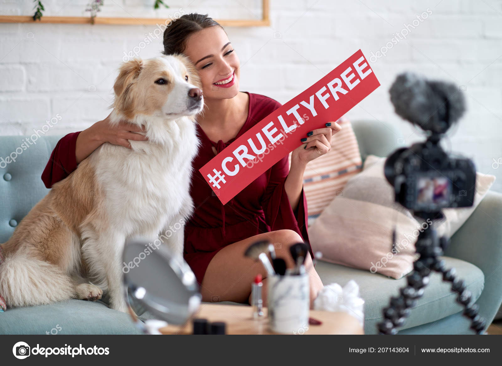 Beauty Vlogger Hugging Dog Promoting Cruelty Free Cosmetics Animal Testing  Stock Photo by ©Daxiao_Productions 207143604