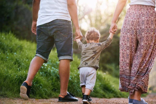 Visão Traseira Família Andando Parque Com Menino Pequeno Criança Imagem — Fotografia de Stock