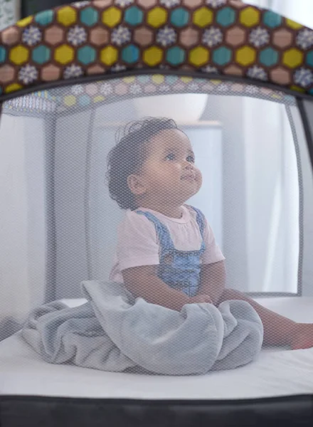 Portrait Cute Baby Girl Sitting Cot Looking — Stock Photo, Image