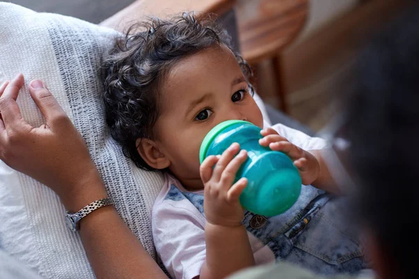 Mixed Race Baby Girl Lying Drinking Milk Bottle Mother Taking — Stock Photo, Image