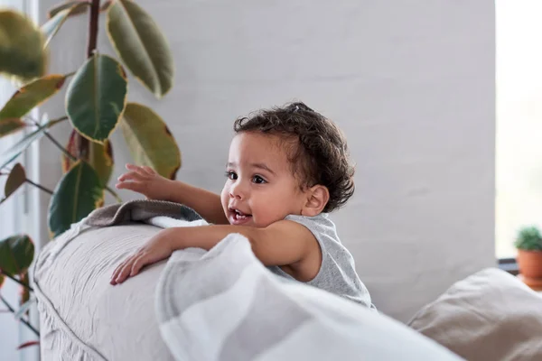 Candid Portrait Cute Baby Cruising Couch Sofa — Stock Photo, Image