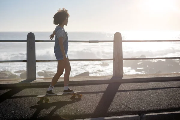 Summer holiday girl with longboard having fun — Stock Photo, Image