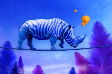 Mavi tüy ağaç arka plan üzerinde bir ip üzerinde yürüme zebra çizgili mavi gergedan