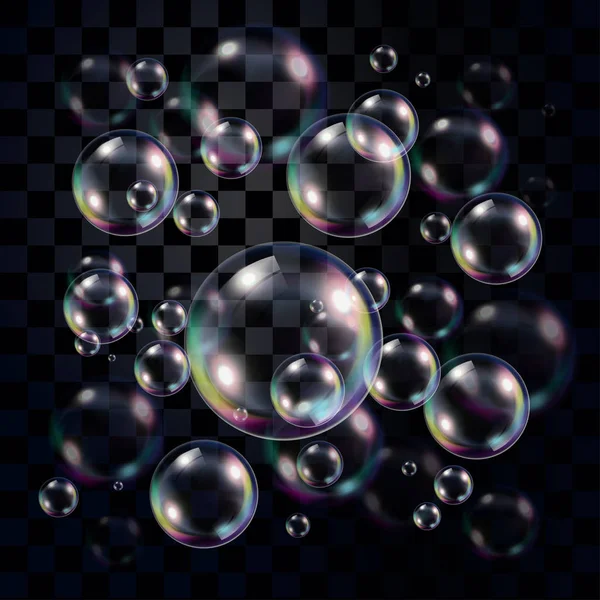 Bulles Savon Transparentes Multicolores Sur Fond Sombre Vecteur Modifiable Pour — Image vectorielle