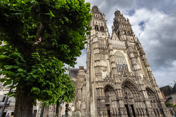 Full facade of cathedral of saint-Gatien in Tours