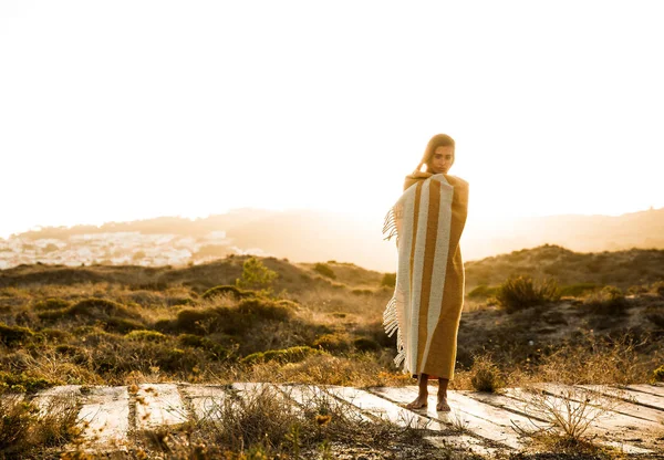 Young Woman Walking Wooden Path Wrapped Wool Towel — Stock Photo, Image