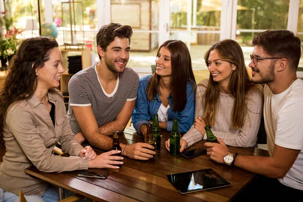 Groep Vrienden Die Bier Drinken Aan Bar — Stockfoto