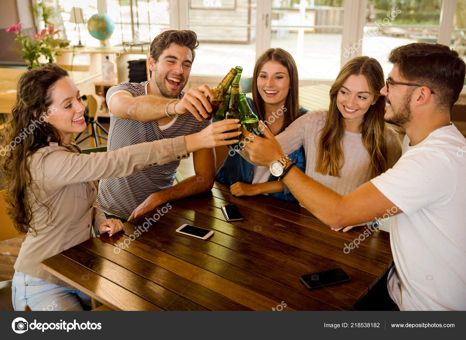 Group Friends Hanging Out Making Toast Beer — Stock Photo © ikostudio  #218538182, image size:1600x1167