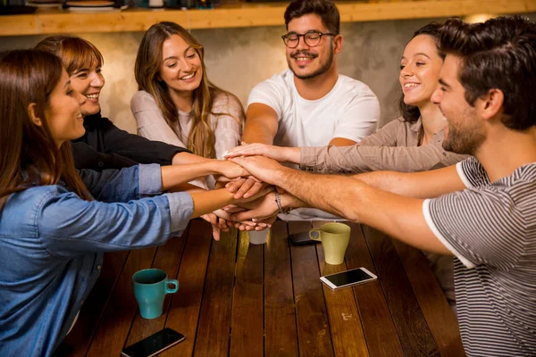 Group Friends Joining Hands Together Cafe — Stock Photo, Image