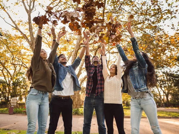 Grupo Amigos Parque Divertindo Jogando Folhas — Fotografia de Stock