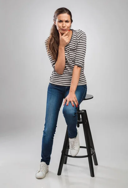 Beautiful Young Woman Sitting Bench Thoughtful Expression — Stock Photo, Image