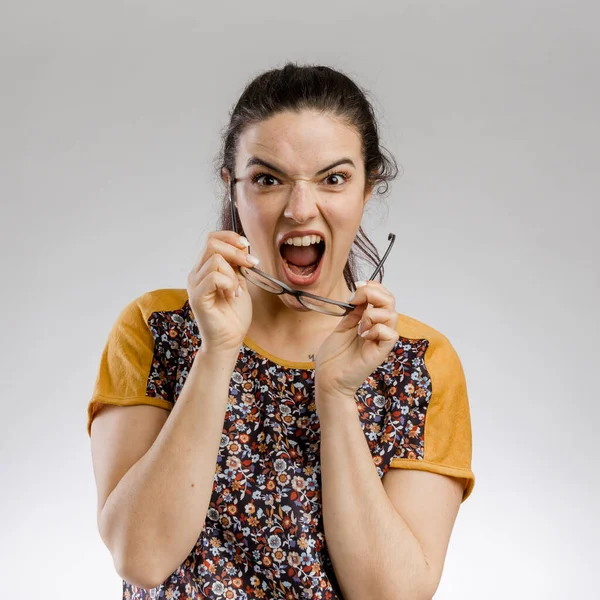 Retrato Engraçado Uma Mulher Louca — Fotografia de Stock