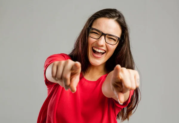 Happy Woman Smiling Pointing Camera Both Arms — Stock Photo, Image