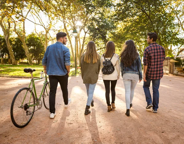 Groupe Étudiants Marchant Ensemble Dans Parc — Photo