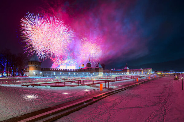 Winter night fireworks over kremlin and Upa quay in Tula, Russia at 2019