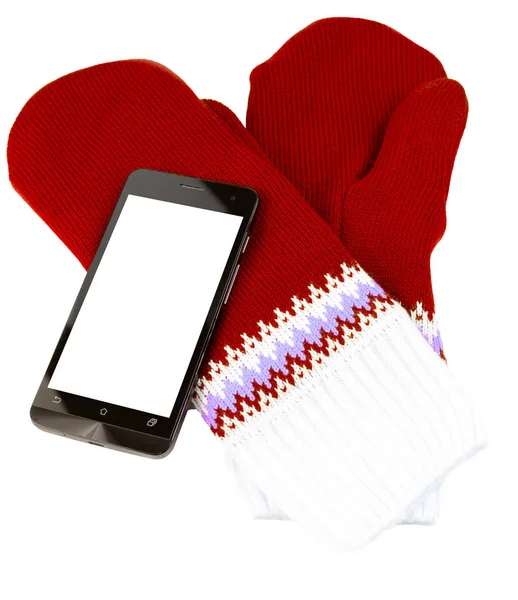 Κόκκινα και άσπρα γάντια με κινητό τηλέφωνο απομονωμένο σε λευκό φόντο — Φωτογραφία Αρχείου