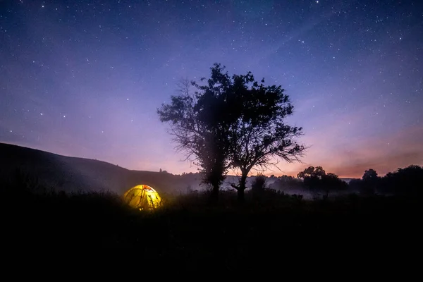 Желтая палатка под деревом в летнюю звездную ночь с туманом — стоковое фото