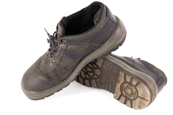 Pár použitých modrých kožených pracovních bot s tkanými řezy izolované na bílém pozadí — Stock fotografie